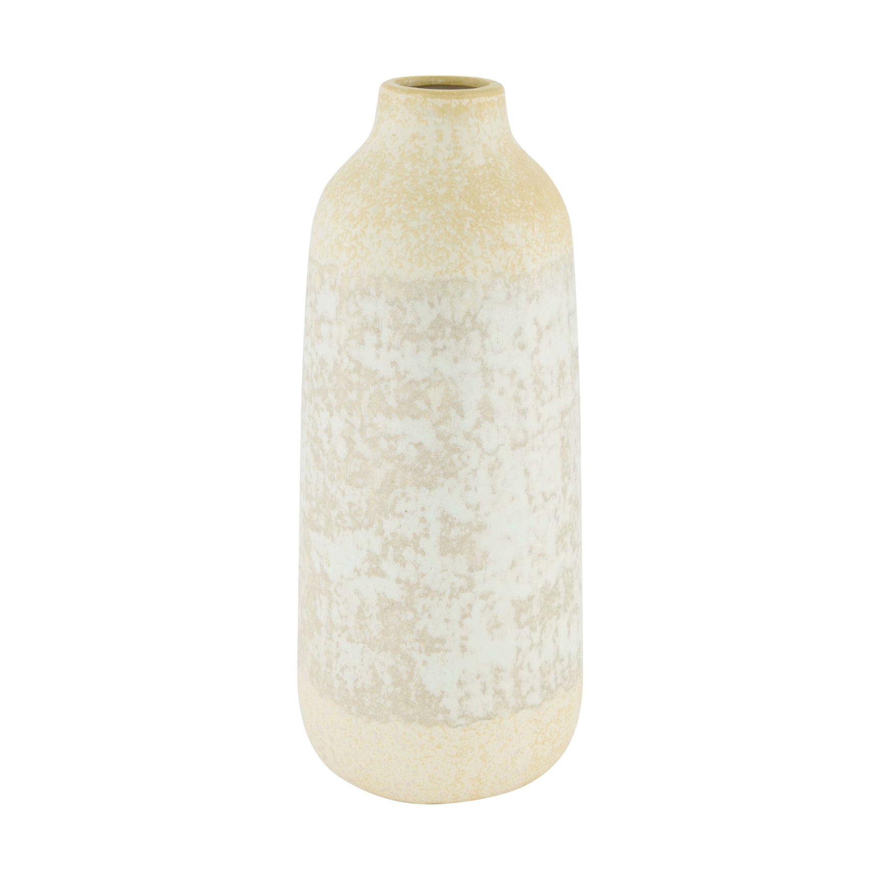 Keramiekfles met smalle hals, beige gespateld oppervlak en ronde buik