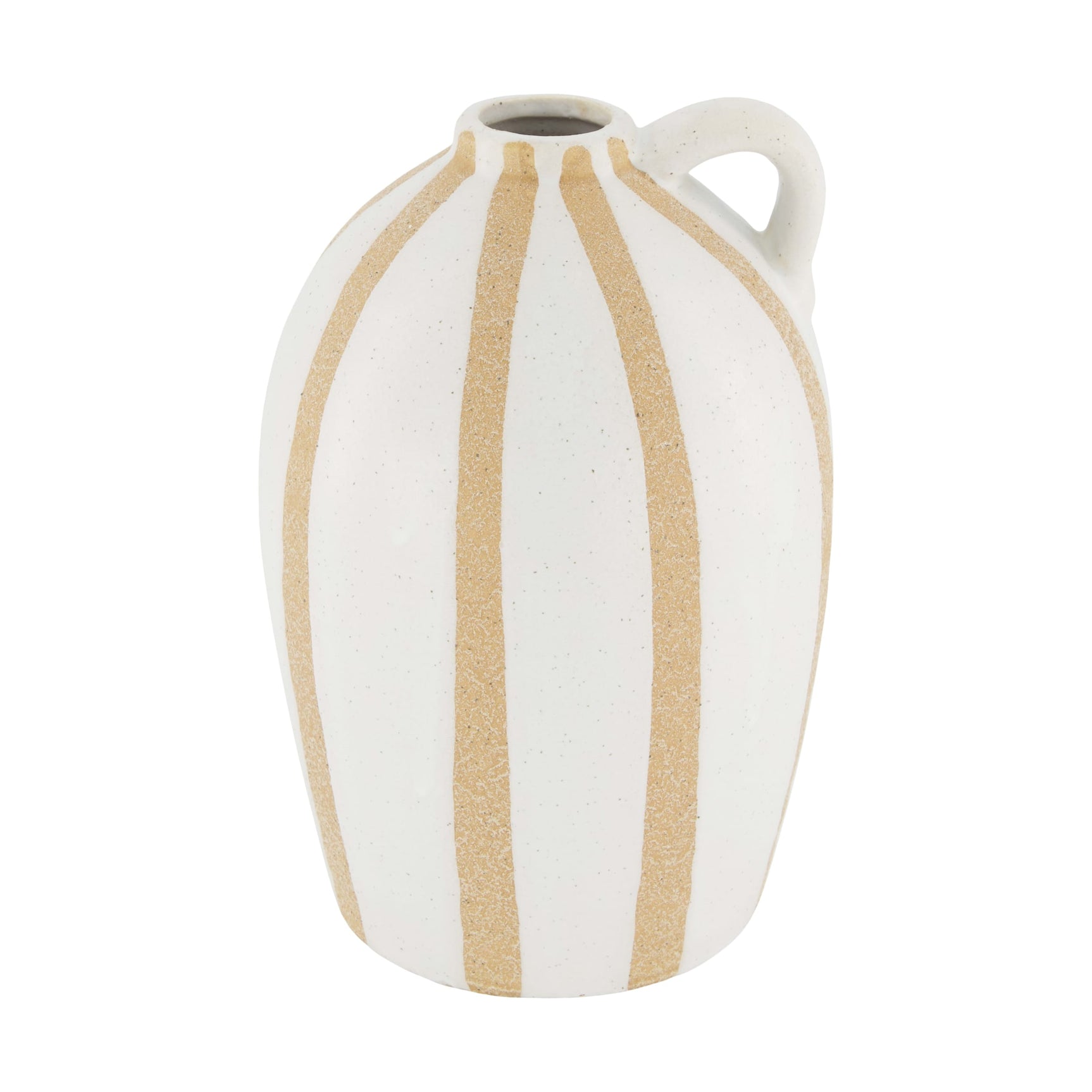 Witte keramieken vaas met beige verticale strepen en handvat