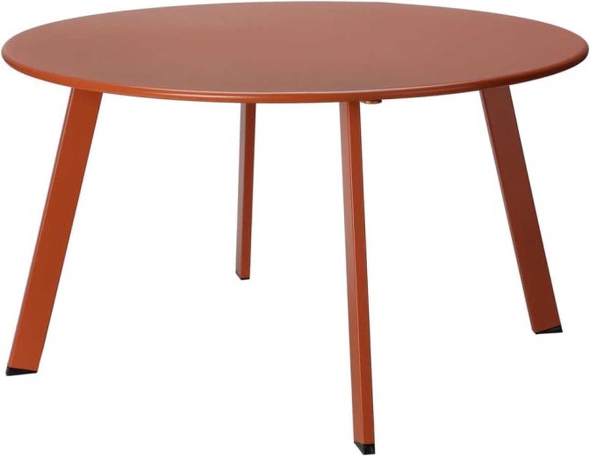 Ronde salontafel in terra kleur, Ø70, met drie houten poten.