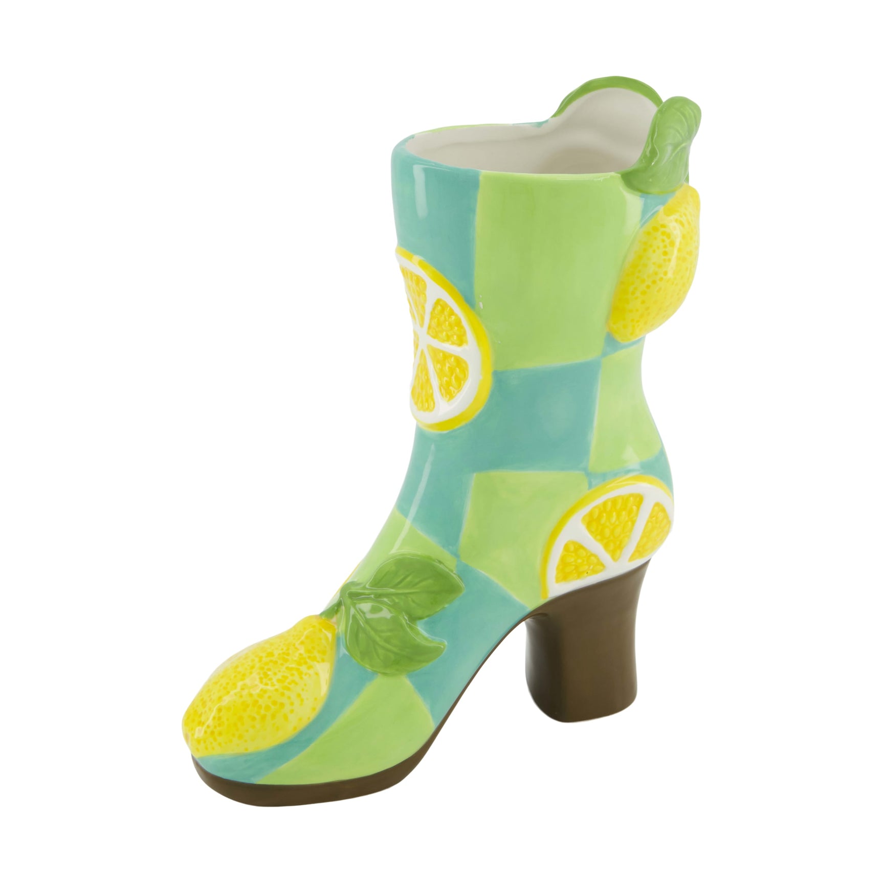 Keramische vaas in laarsvorm, groen-blauw met citroenprint en gekleurde details