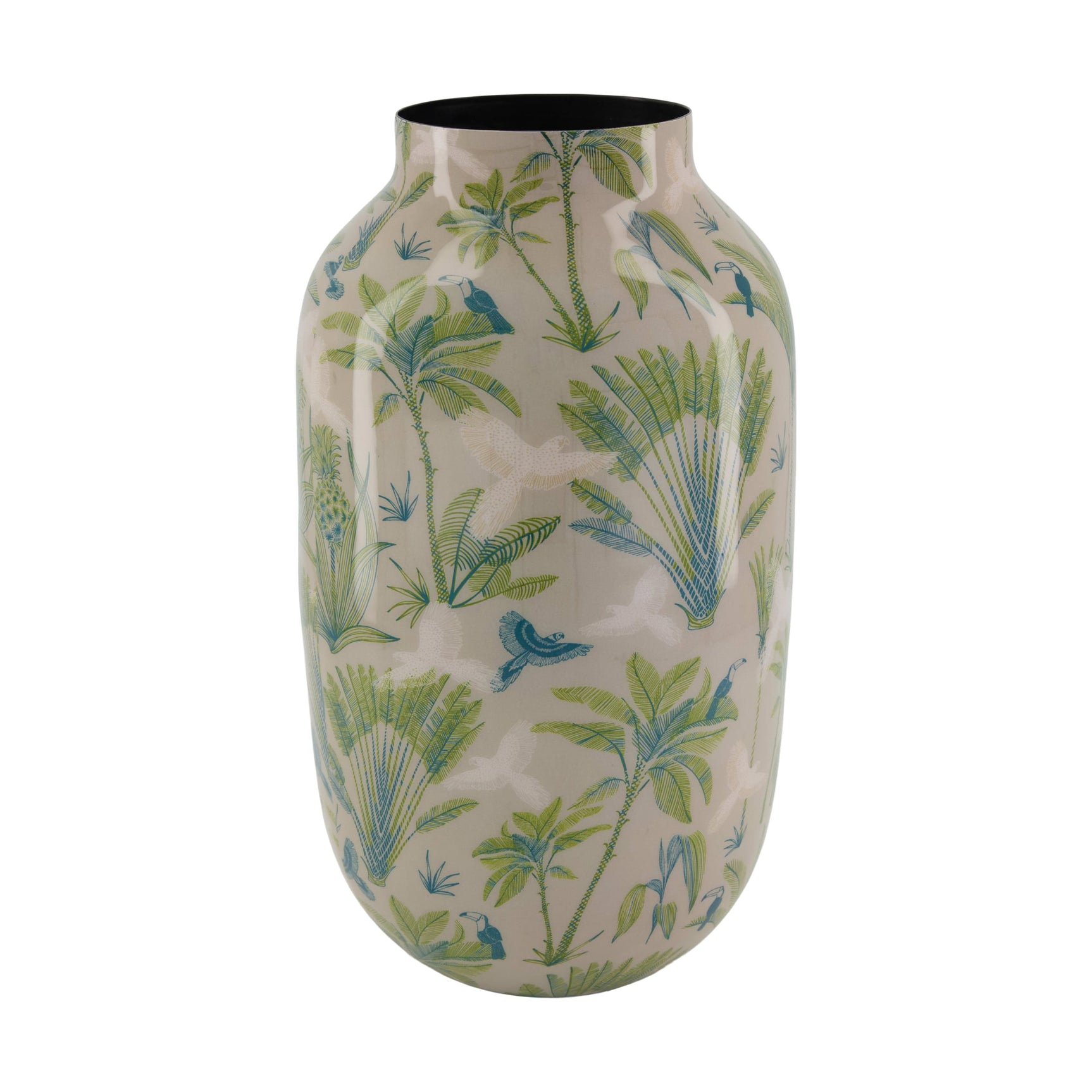 Metalen fles met palmbladprint in groen en blauw op licht ondergrond, zwarte rand