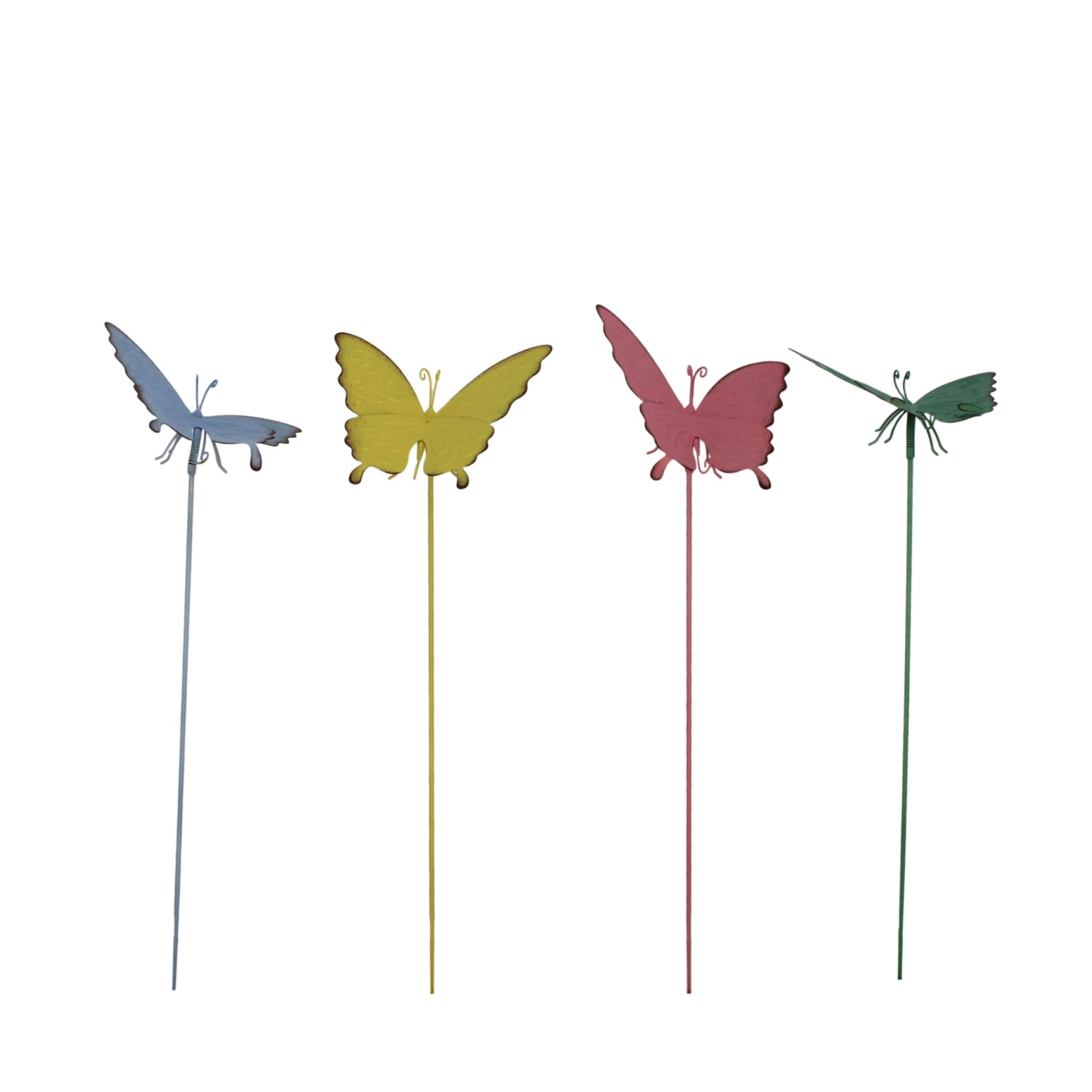 Metalen bloemenstok met vlindertjes op stelen, in blauw, geel, roze en groen.