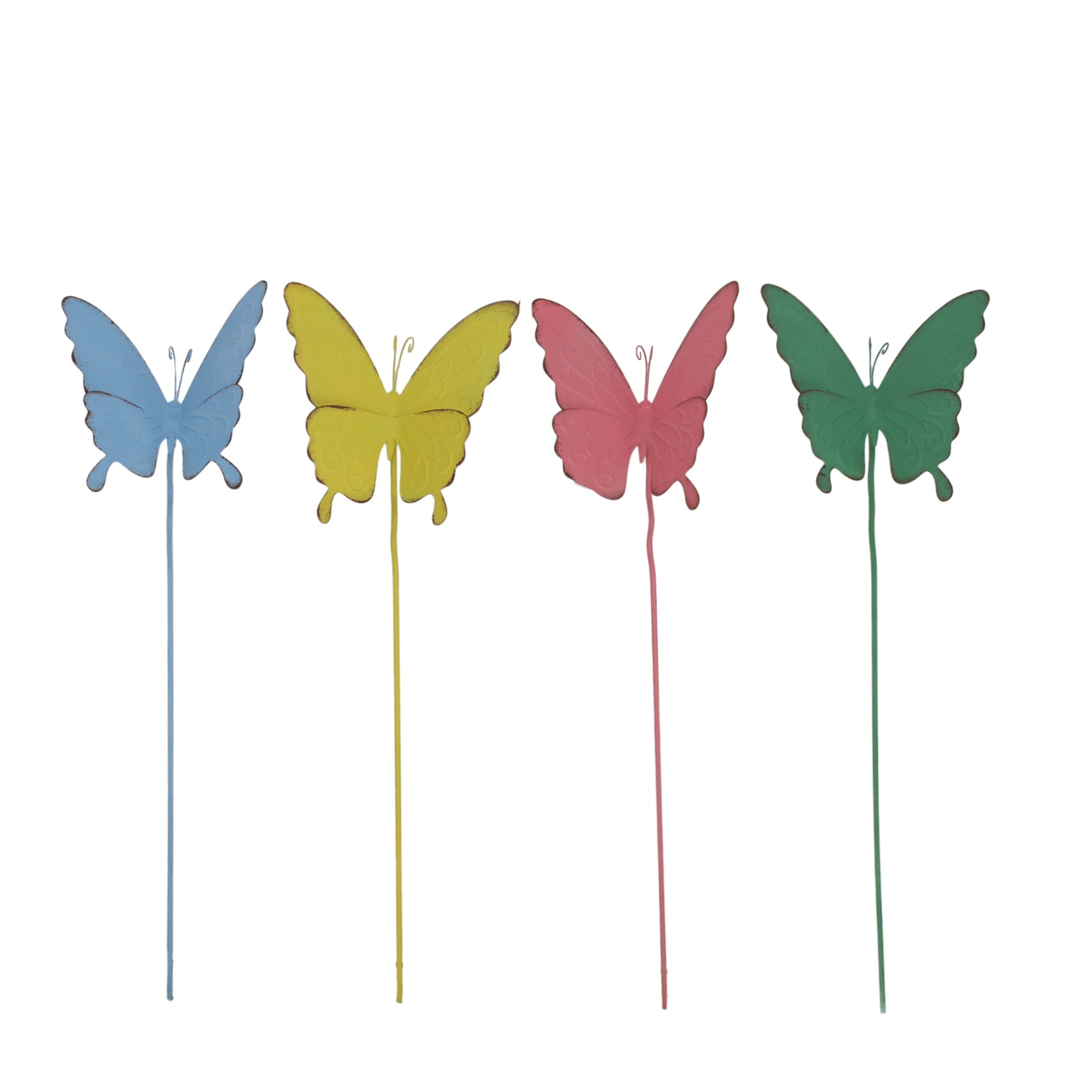 Bloemoptok met metalen vlinders op stelen in blauw, geel, roze en groen.