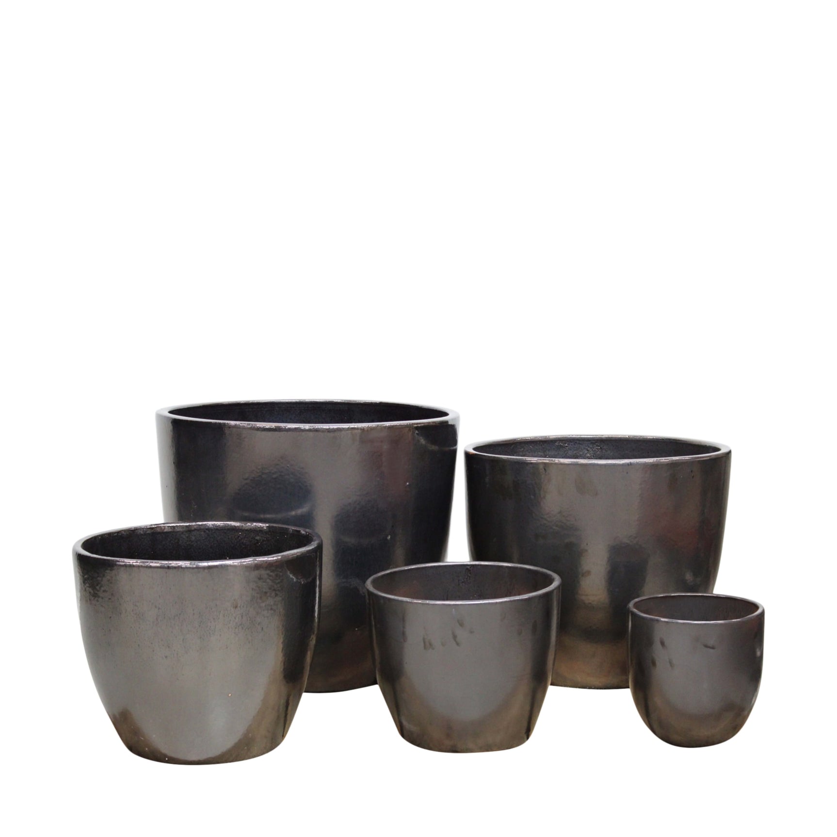 Set van 5 ronde bloempotten, donkergrijs met matte afwerking en open bovenrand