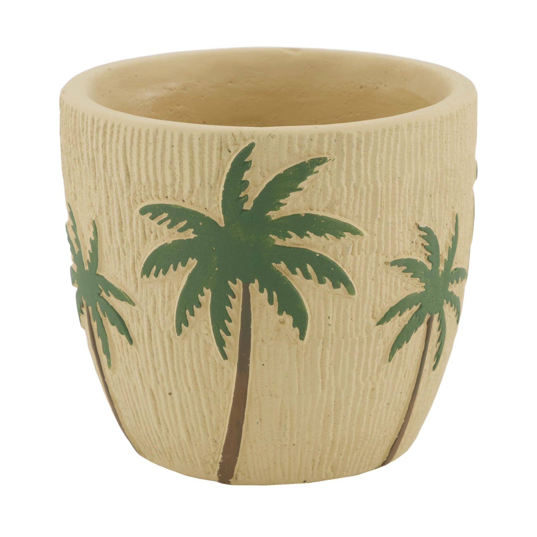 Keramische bloempot met palmbomen, beige cilindervormig met groene boomprint