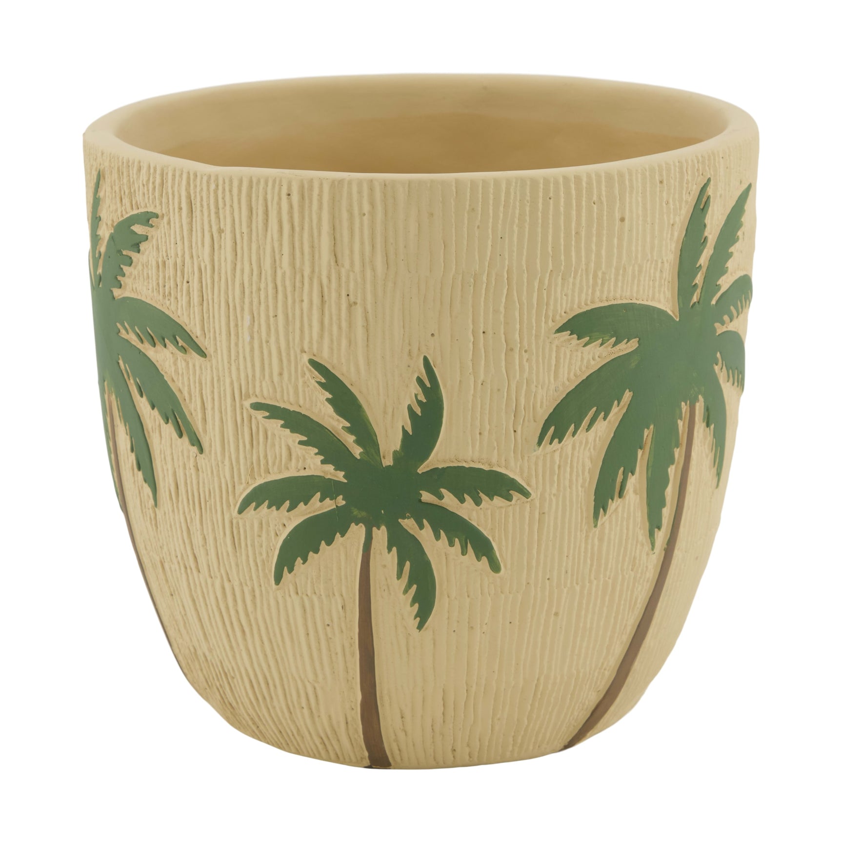 Keramische bloempot met palmbomen- en palmbladprint, lichtbeige ronde pot