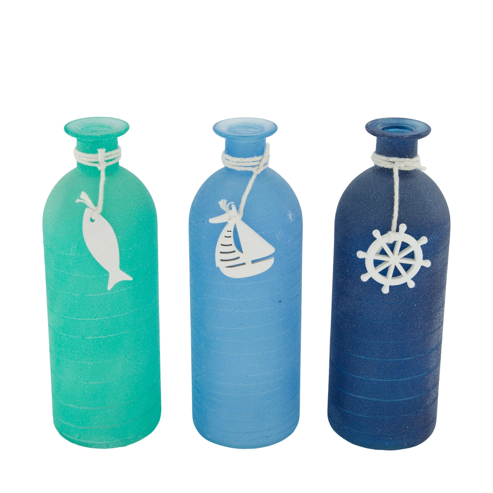 Set glazen vazen met zeemotief, groen, lichtblauw en donkerblauw, met dop