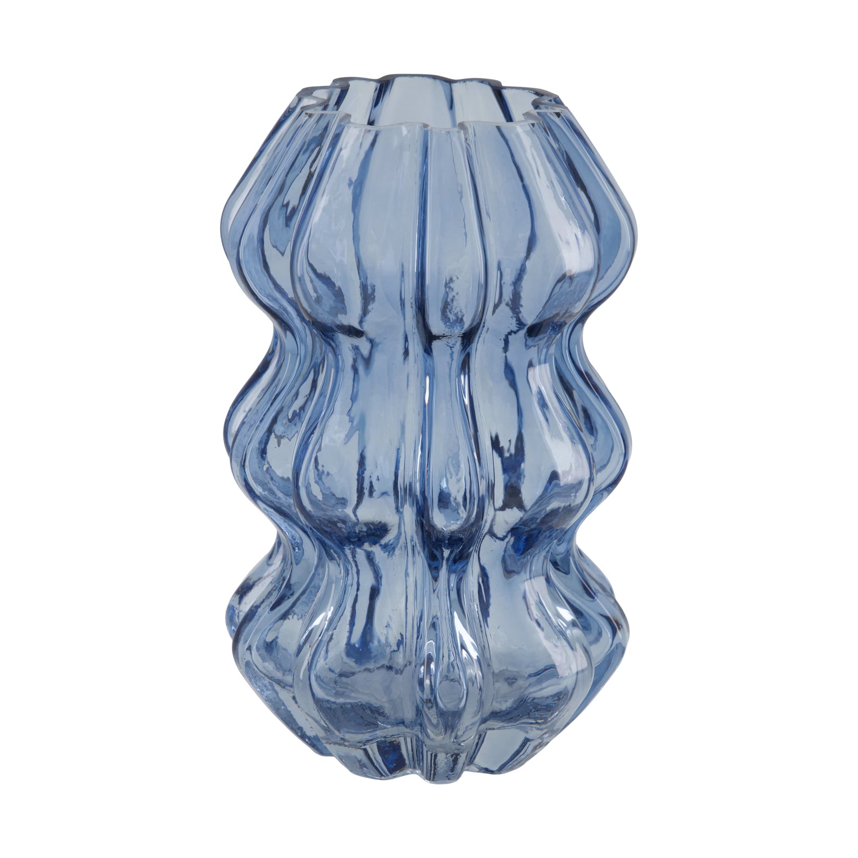 Glazen vaas blauw met geribbelde, gekartelde bovenrand en golvend patroon