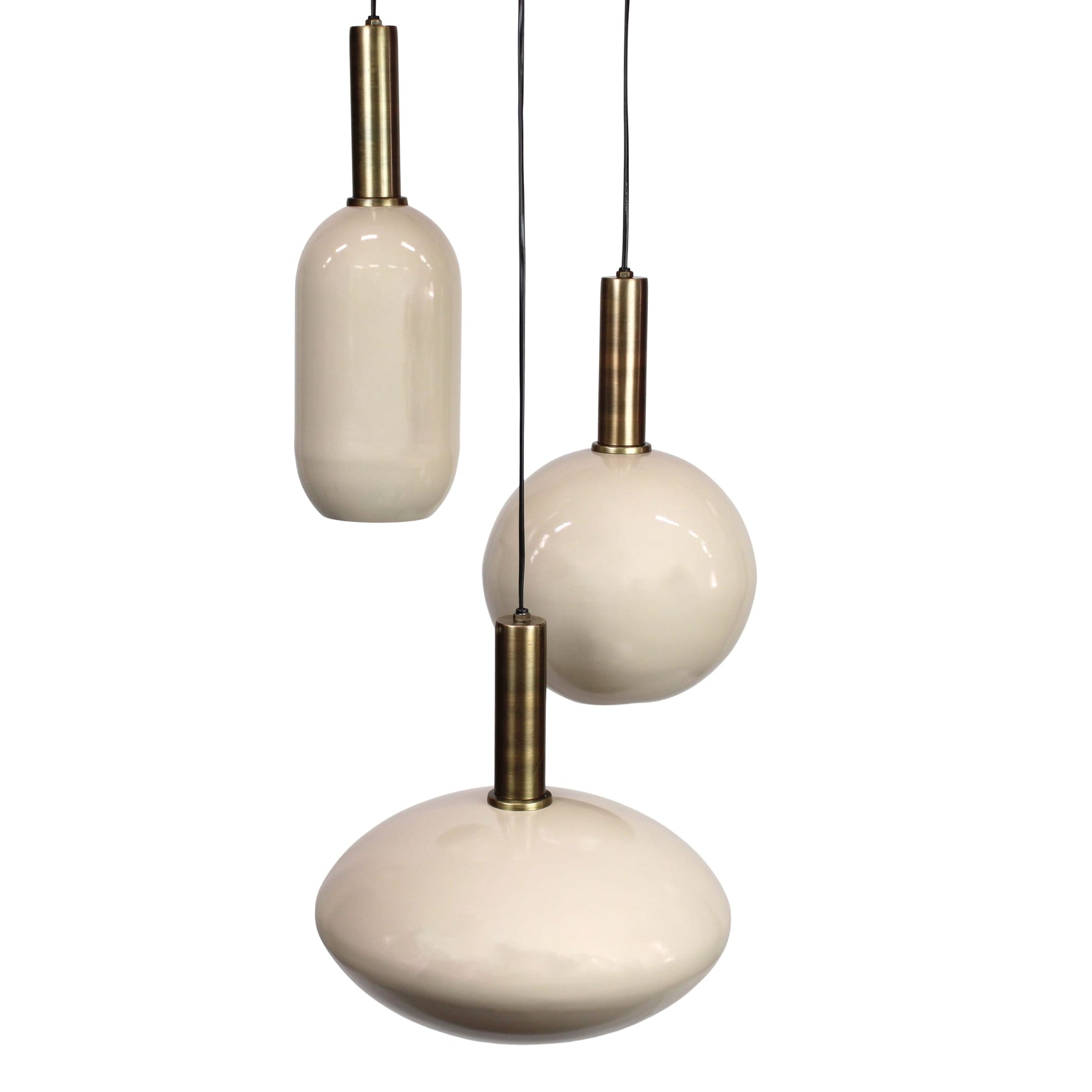 Hanglamp met ronde glazen kappen en metalen stangen, set van drie hanglampen