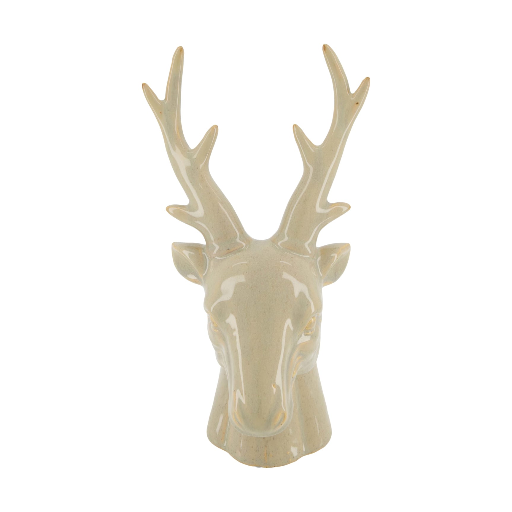 Keramisch hertenbeeld, staande hertfiguur met gewei, beige glanzende afwerking