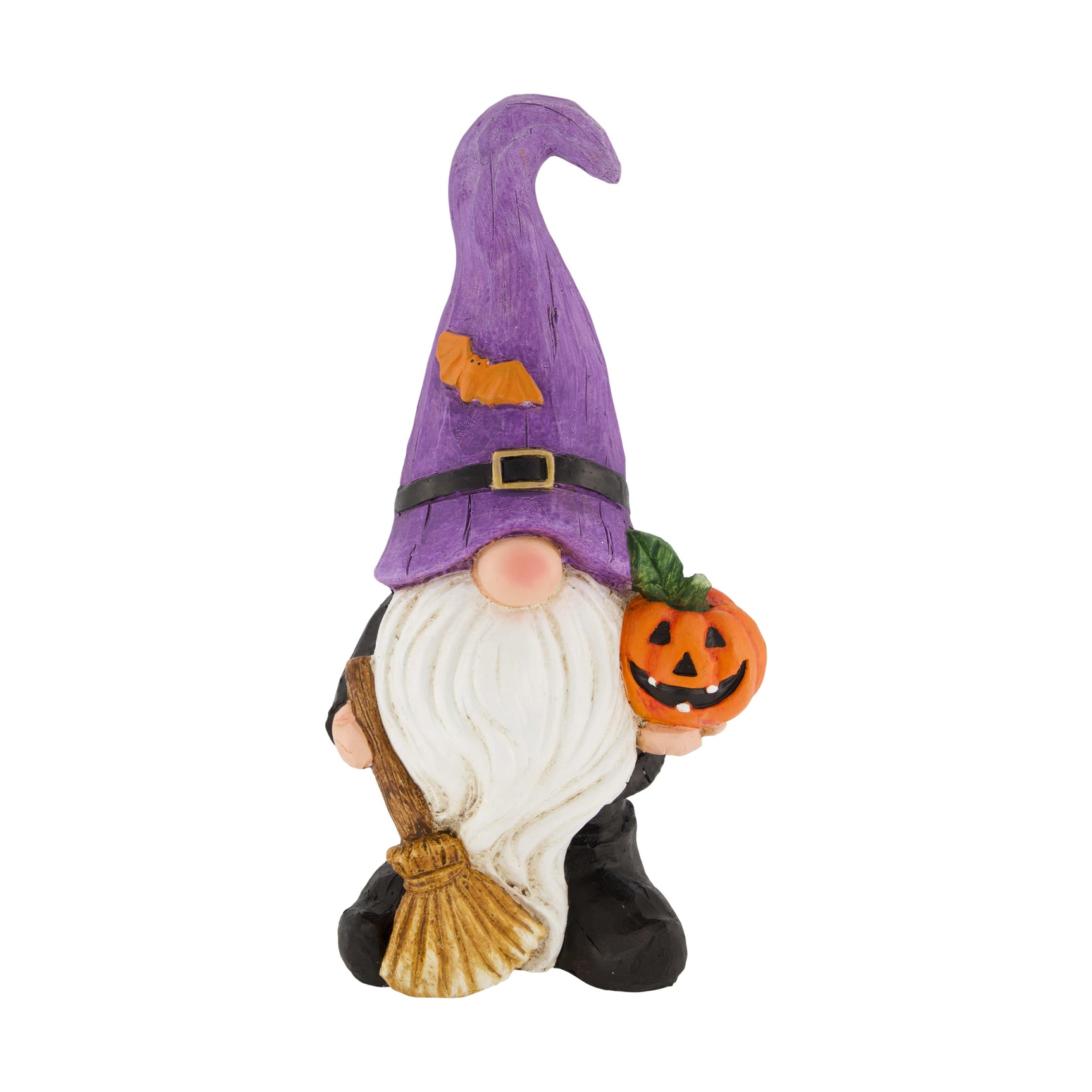 Halloween gnoomfiguur met paarse heksenmuts, witte baard en pompoenlampje