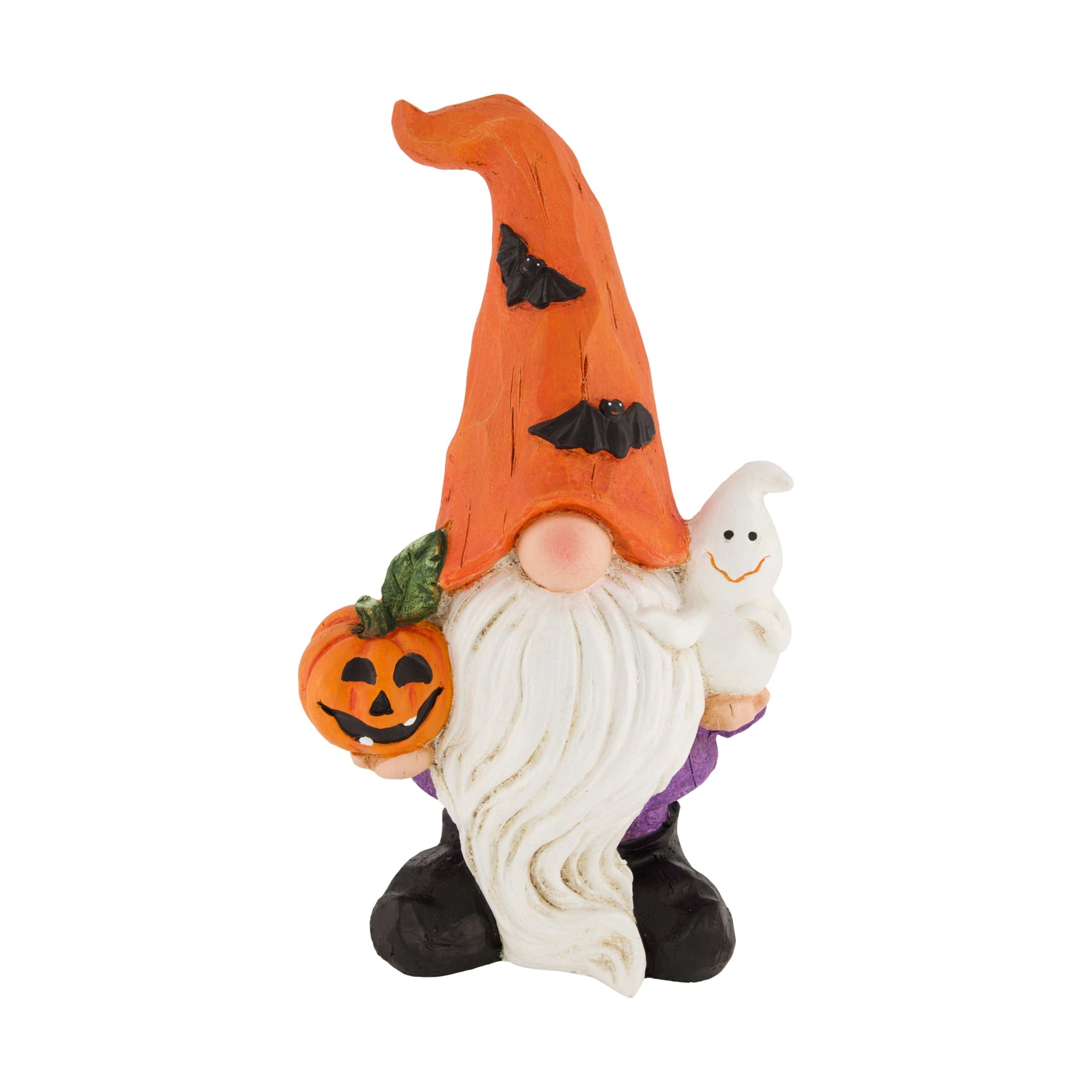Halloweengnoomfiguur van magnesium met oranje heksenhoed, witte baard en zwarte broek