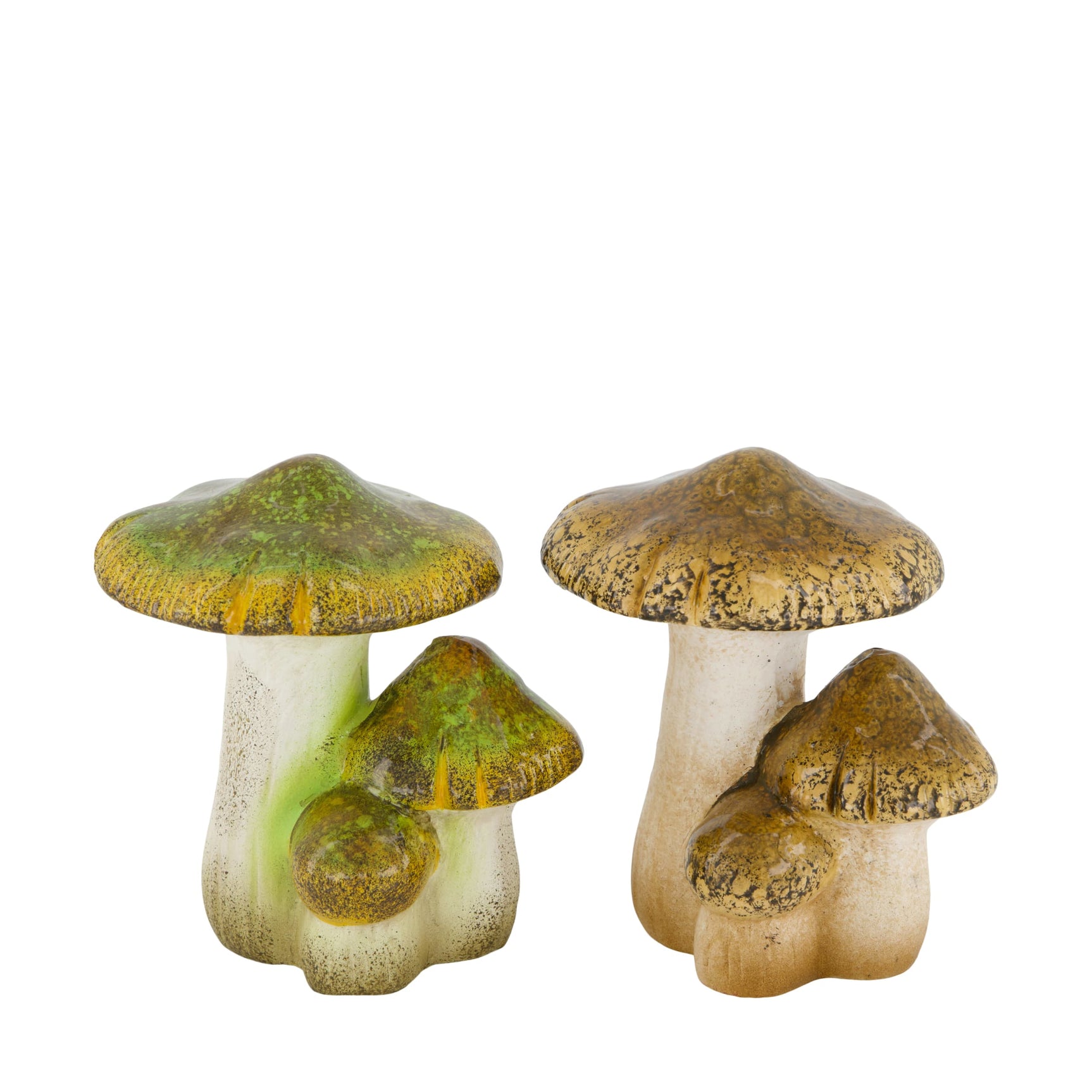 Keramische paddenstoelen set (2), bruine en groene paddestoelen met witte steeltjes.