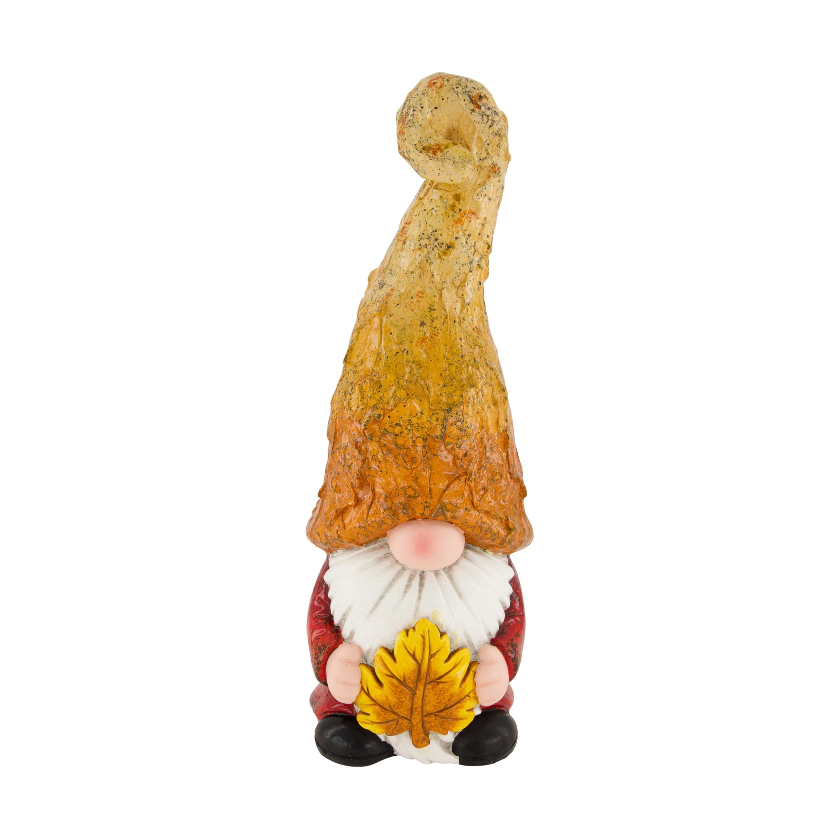 Magnesium gnomefiguur met bruine muts en witte baard, houdt geel blad vast