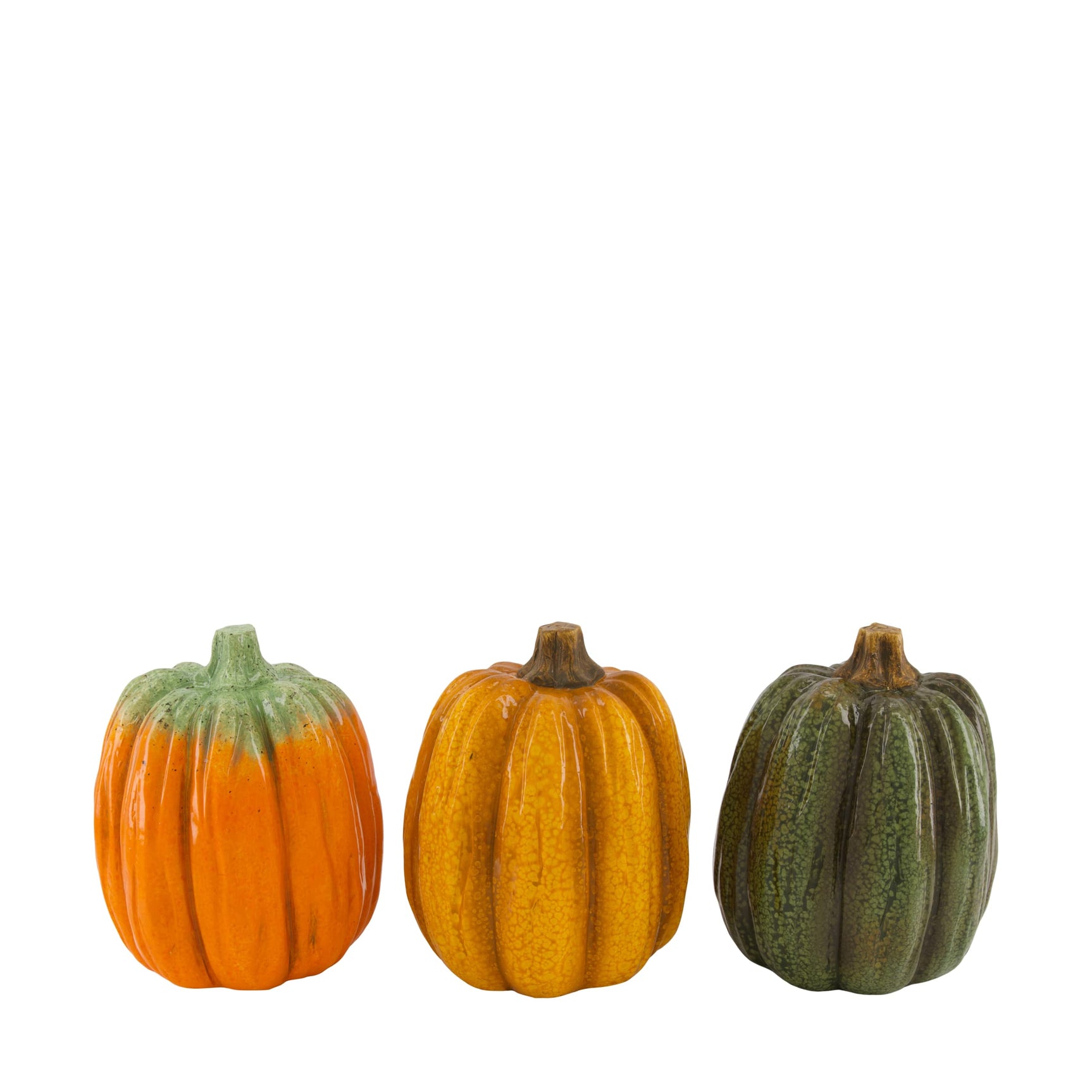 Assortiment keramische pompoenen in oranje, goudbruin en groen, elk met ribbels