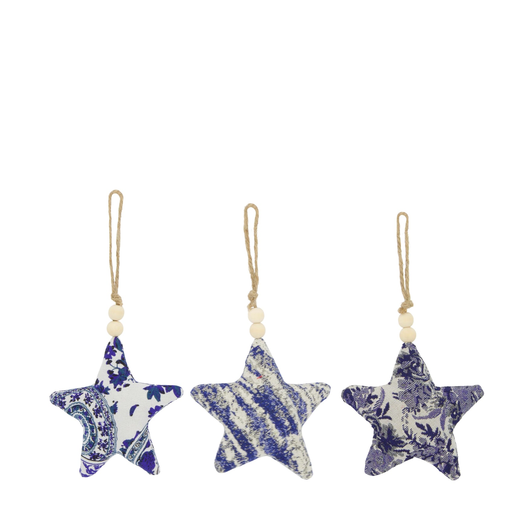 Sterhangers met koordlussen en blauw-witte decoratie, set van 3 assorti