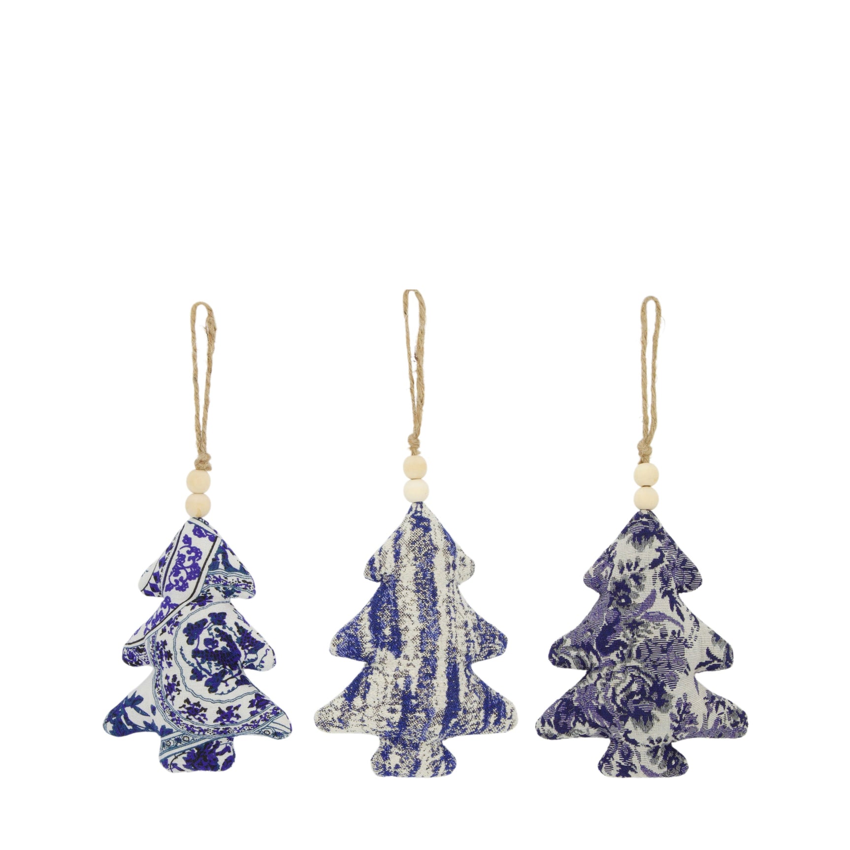 Assortiment hangerbomen met blauw-witte boomvorm, touwlus en houten kraal