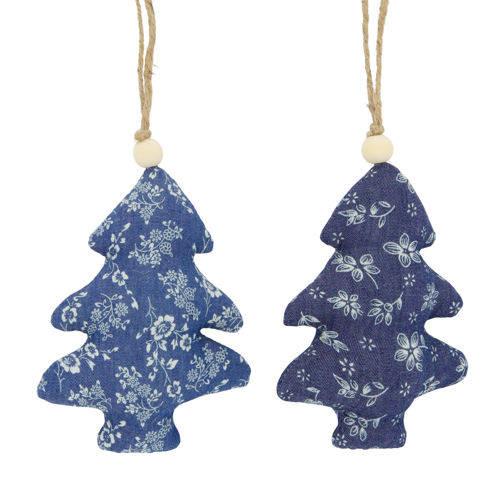 Blauwe stoffen hangende boomhangers met wit bloemmotief, set van 2.