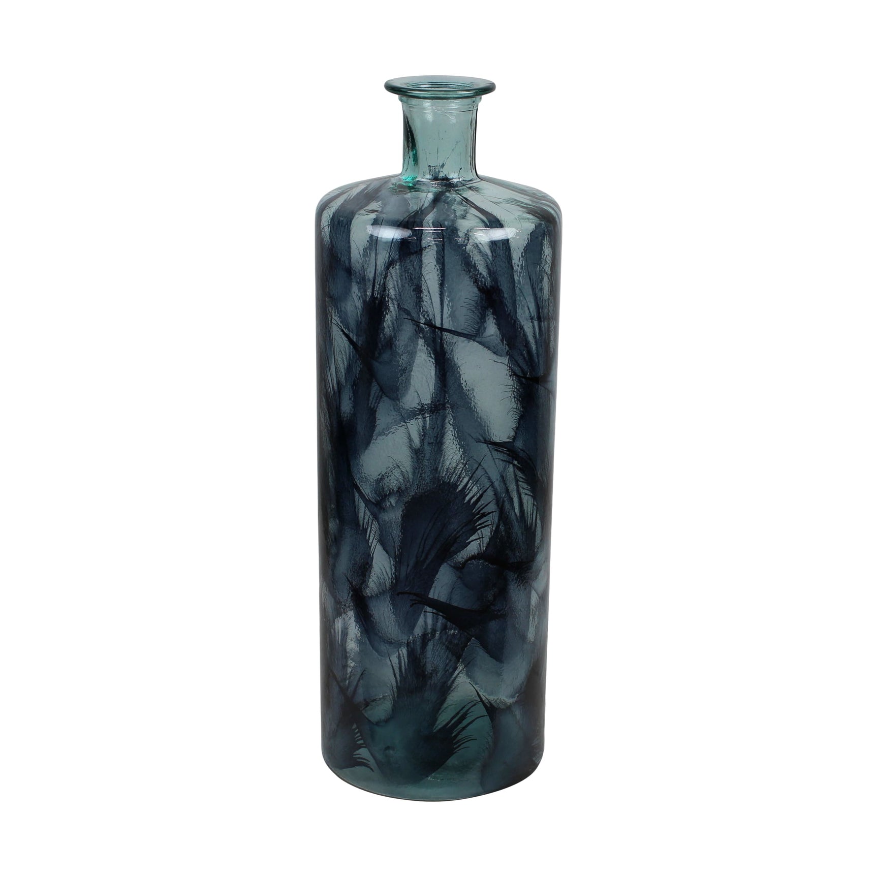 Hoge vaas van gerecycled glas, blauwgroene kleur, flesvorm 25x25x75 cm