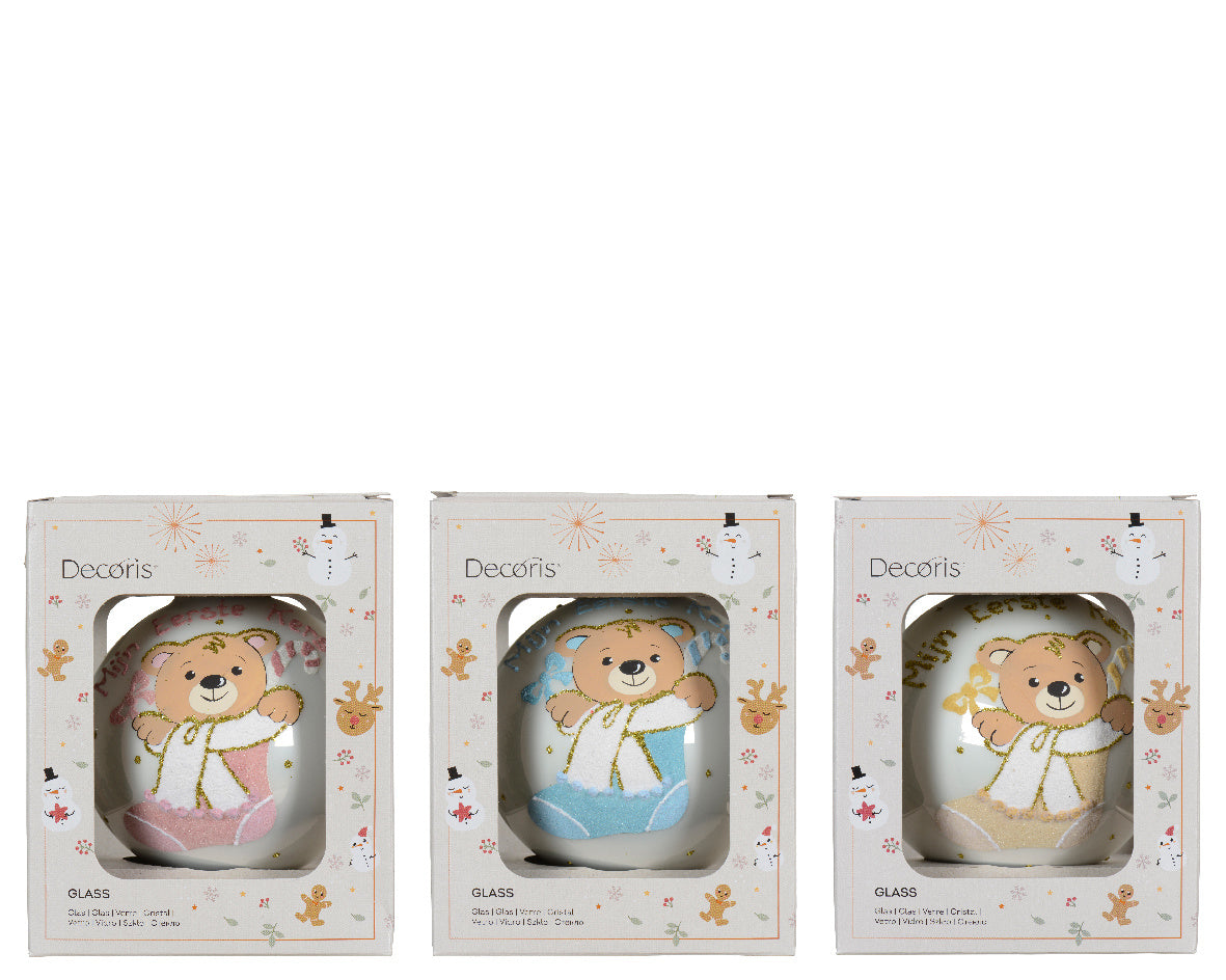 Decoris verpakte glazen kerstballen, drie dozen met beerillustraties