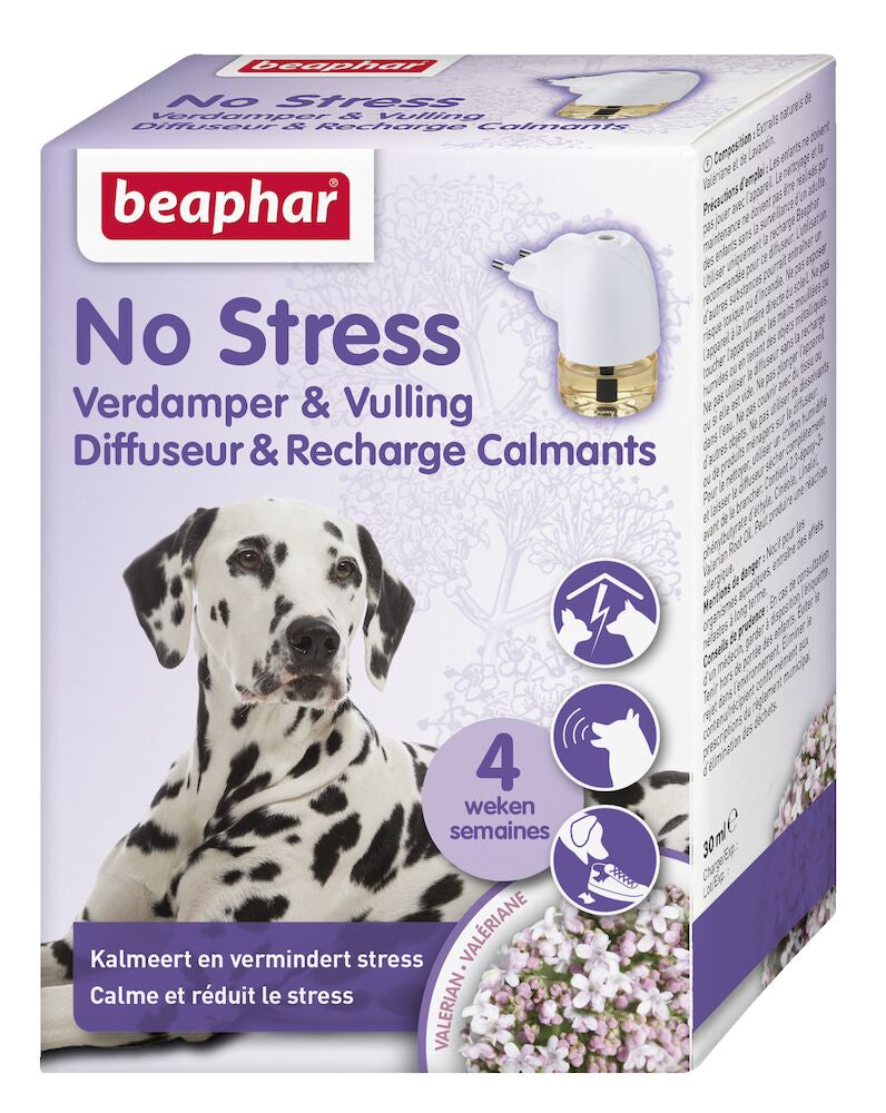 Beaphar No Stress verdamper en vulling voor hond, verpakking met hond en paarse opdruk