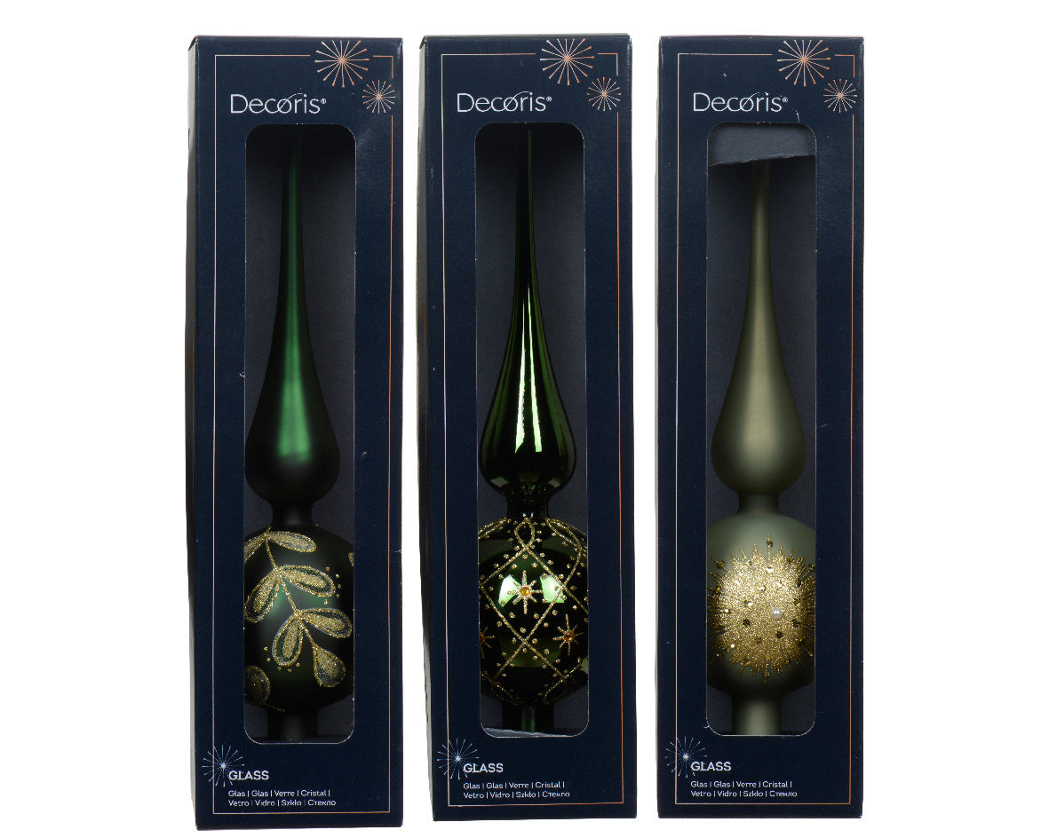 Set van 3 verpakte glazen decoratiepieken in dozen met Decoris-logo