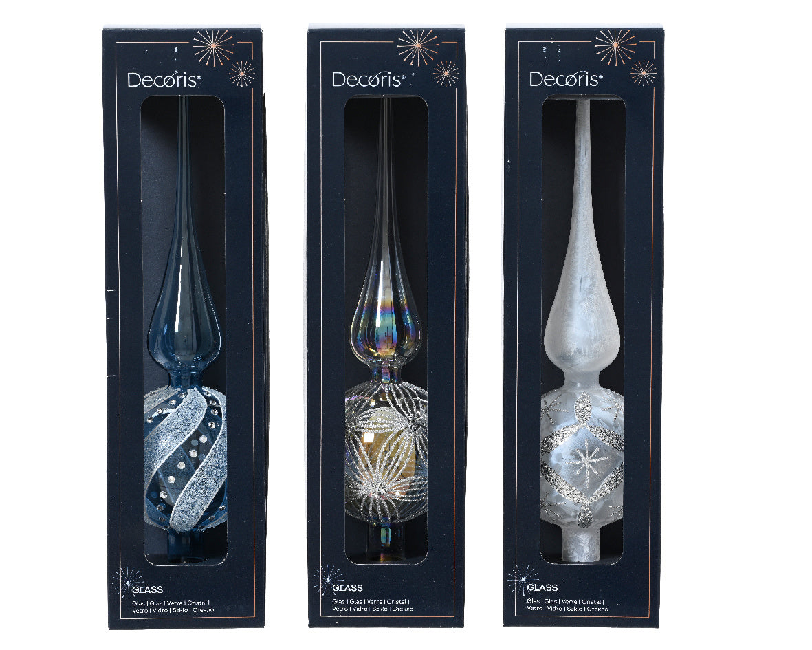 Glazen kerstpiek in cadeauverpakking met venster, blauw met sneeuwvlokmotief