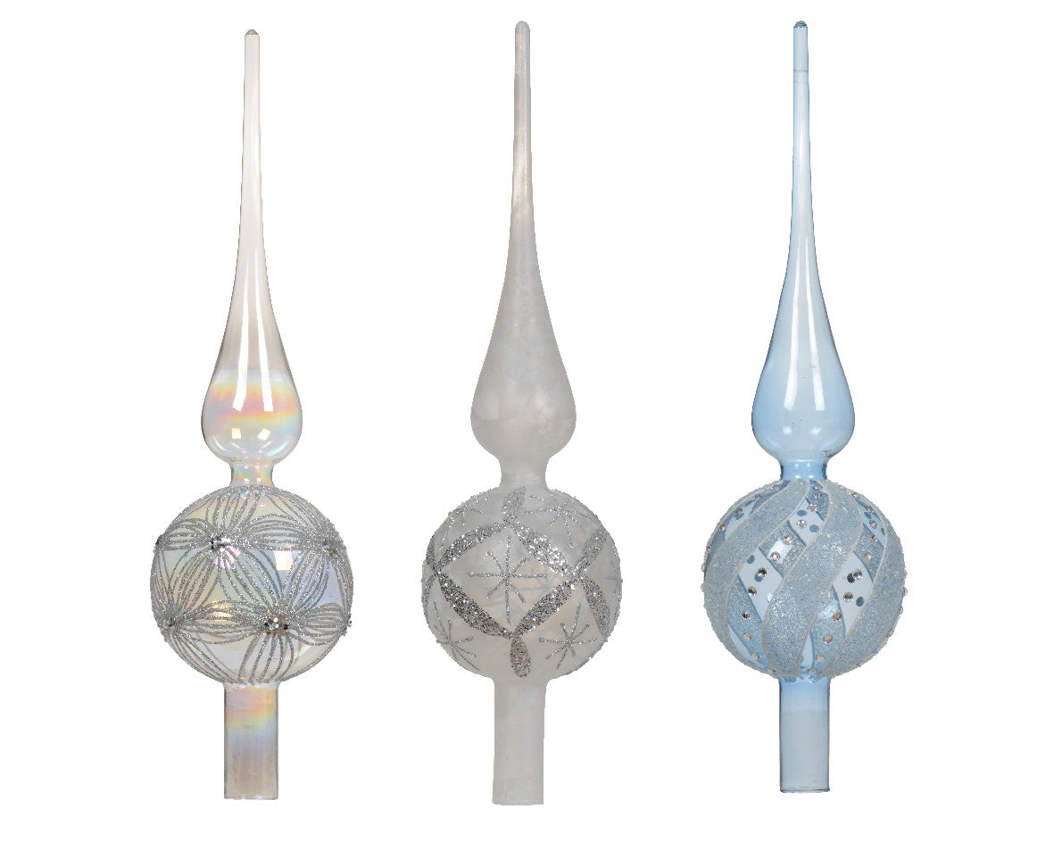 Glazen kerstpiek met decoratieve bol, doorzichtig wit, grijs en blauw