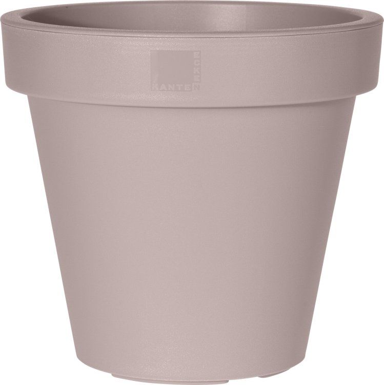 Ronde kunststof bloempot taupe, 20 cm, gladde wanden en brede bovenrand.