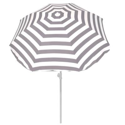 Gestreepte parasol met grijze en witte strepen, open doek op stok