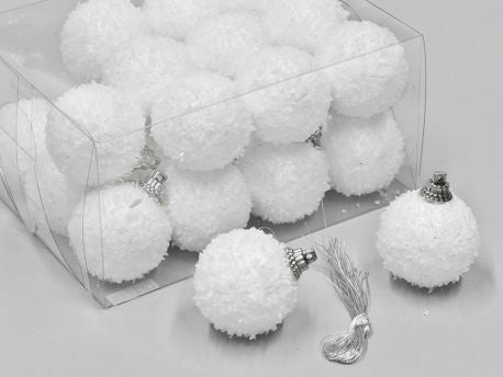 Witte glitter kerstballen, 40 mm, met zilveren haakjes en kappen