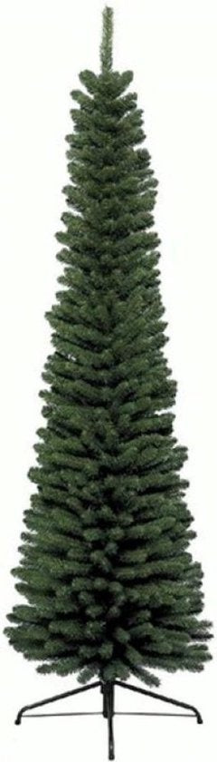 Kunstkerstboom met slanke dennenvorm, donkergroen en metalen standaard