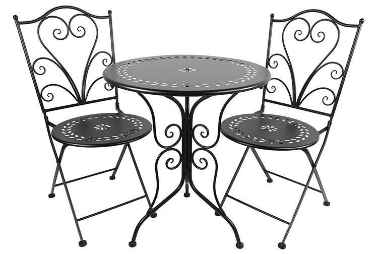 Zwarte bistroset met ronde tafel en twee smeedijzeren stoelen
