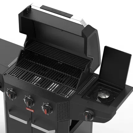 Zwarte gasbarbecue met open deksel, grillrooster en zijbrander met deksel