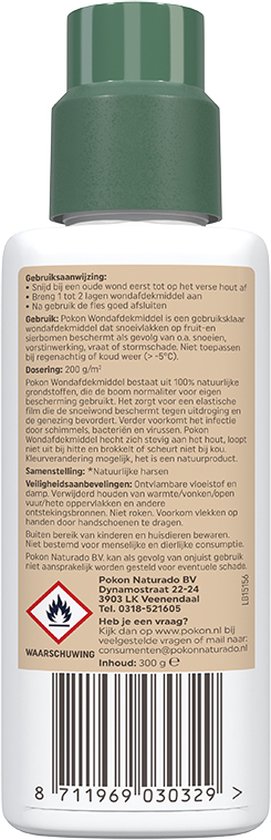 Pokon wondafdekmiddel achterlabel op fles met barcode en waarschuwingstekst