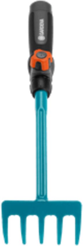 GARDENA handharkje met oranje vergrendeling, blauwe steel en teal harkkop