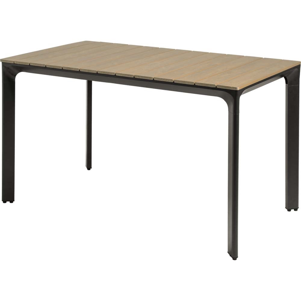 Tafel 130x90 cm met rechthoekig polywood blad en zwarte metalen poten.