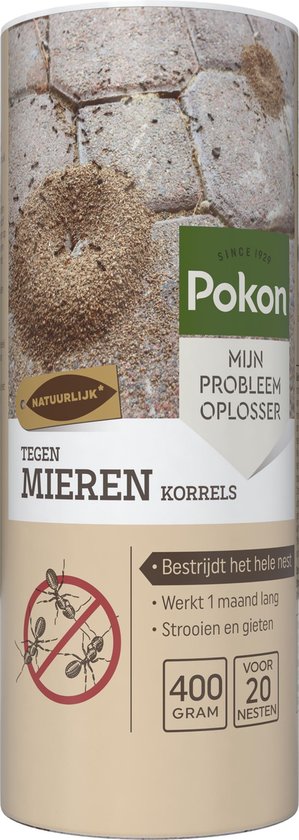 Pokon mierenkorrels in rolverpakking met label ‘tegen mieren’ en 400 gram