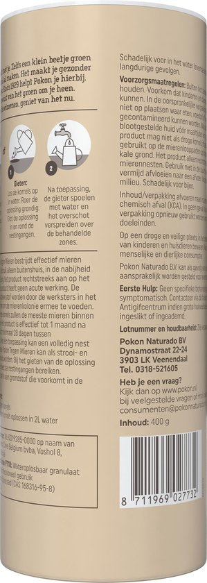 Pokon mierenkorrels rolverpakking met samenstelling en contactinformatie