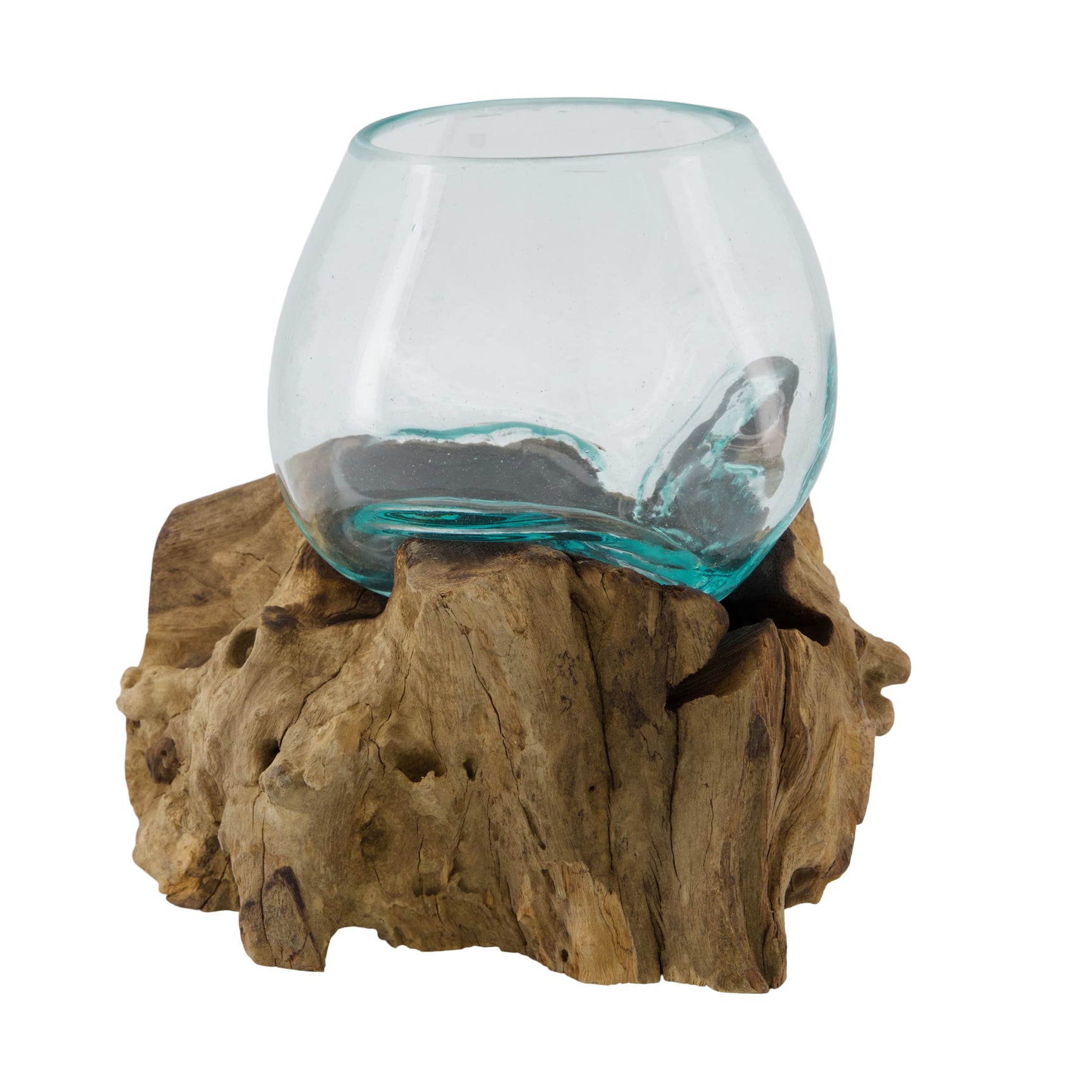 Teak houten kaarsenhouder met glazen windlicht, transparant glas op houtblok