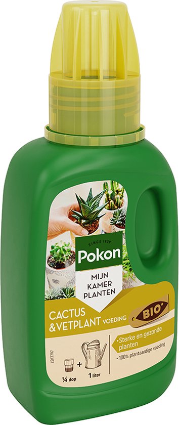 Groene fles met gele dop en Pokon-label voor cactus & vetplantvoeding, BIO
