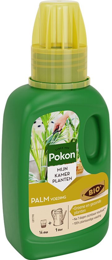 Palmvoeding fles groen met gele dop en Pokon-logo op voorzijde
