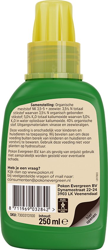 Achterzijde van groene fles cactus- en vetplantvoeding met 250 ml en samenstelling