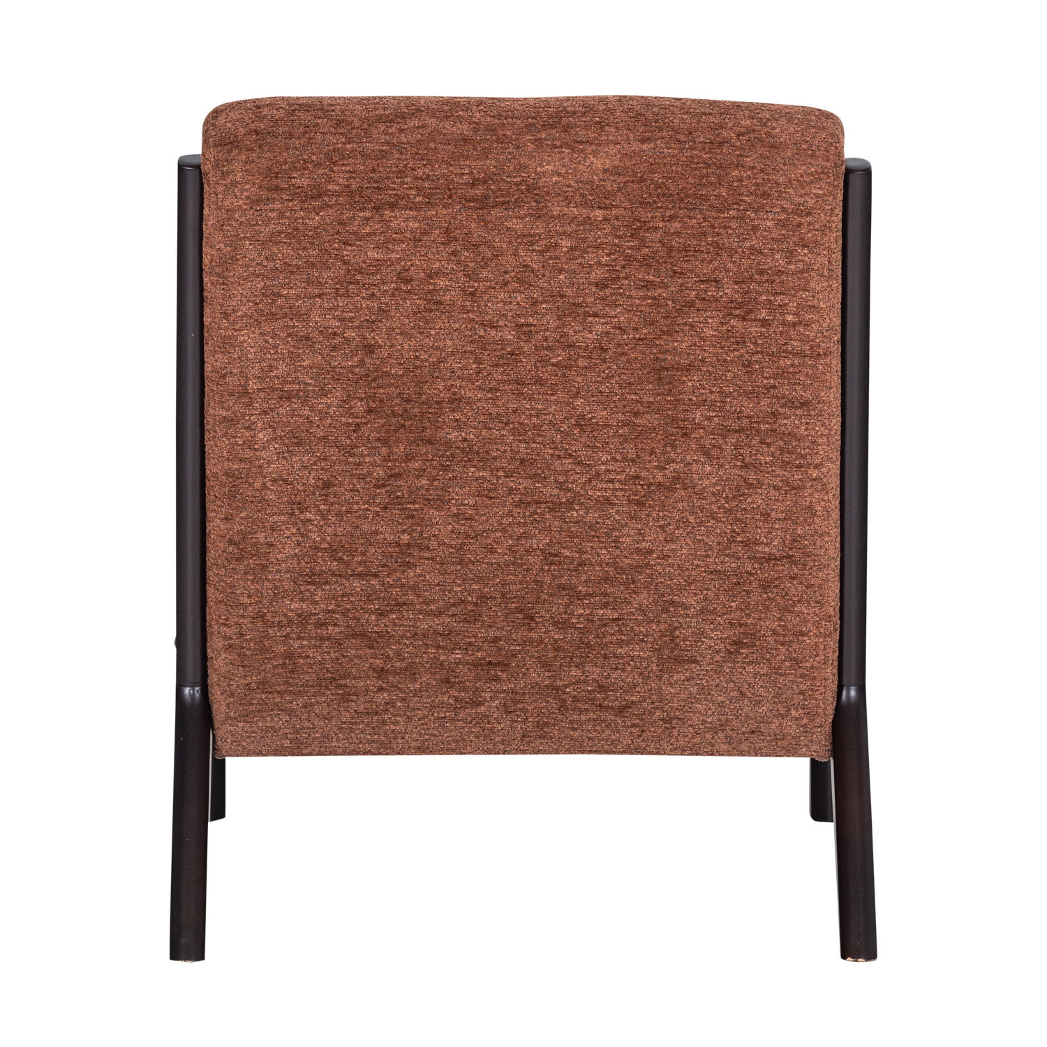 Bruine chenille fauteuil met rugleuning en donkere poten, achteraanzicht.