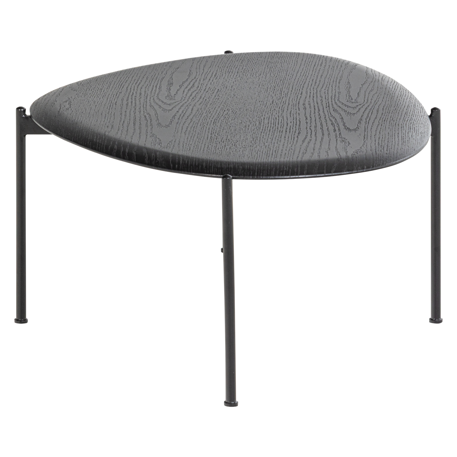 Zwarte ovale salontafel met houtnerf-blad en metalen onderstel