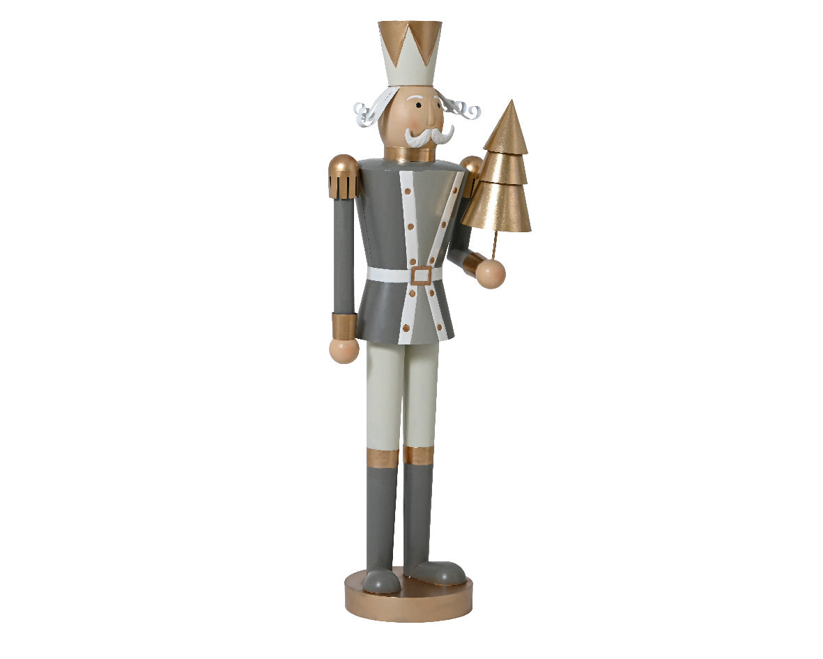 IJzeren notenkraker figuur met grijs uniform en gouden muts, staand met ronde armen.