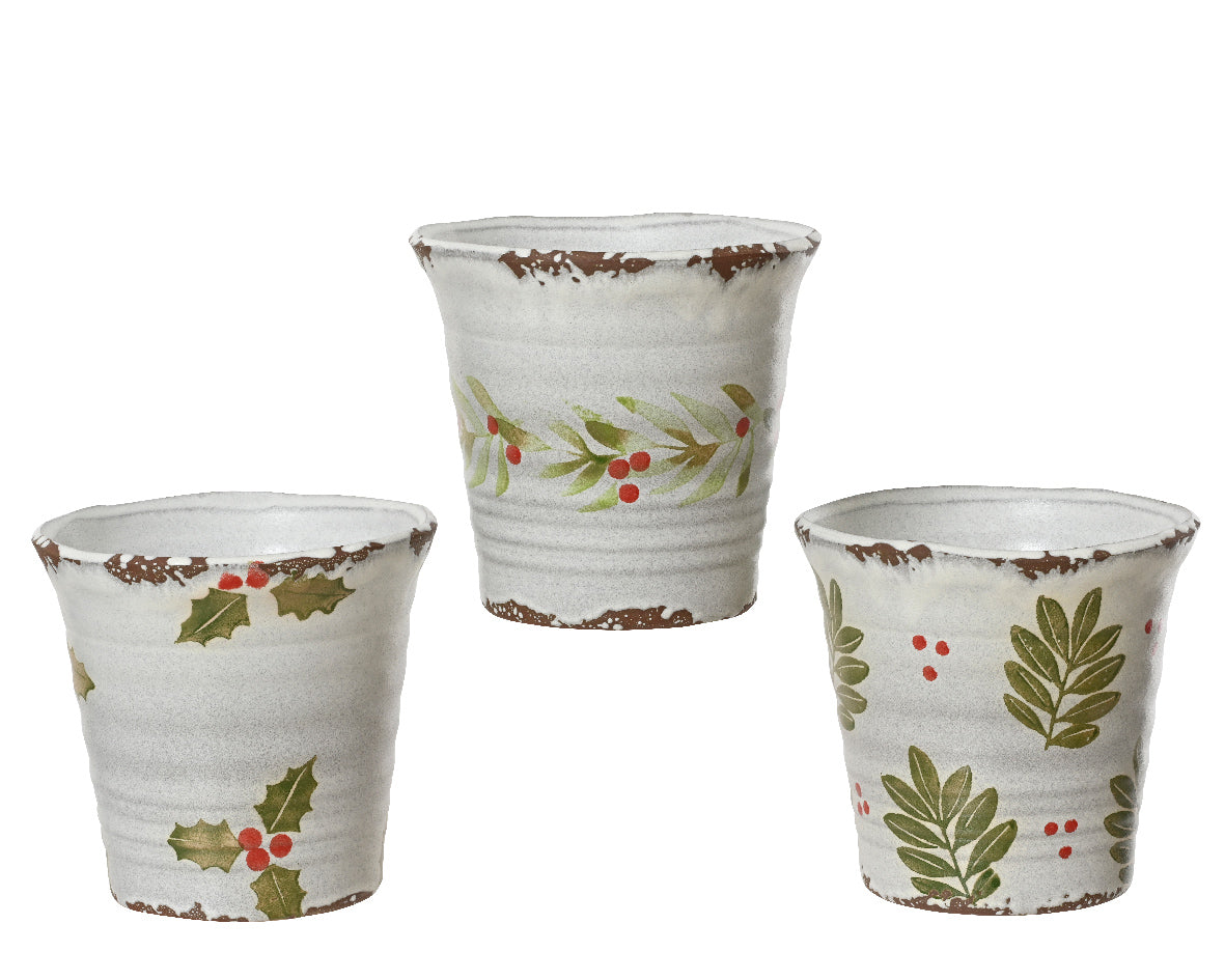 Set bloempotten (3) met witte print: kerstblad en rode bessen