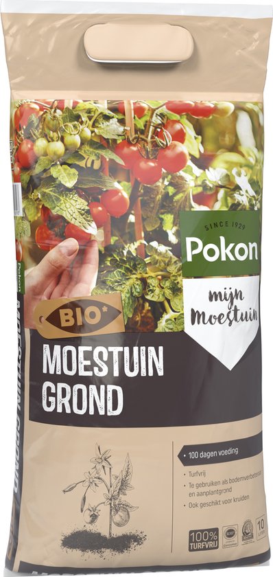 Pokon BIO moestuingrond zak met Pokon-logo en groente-illustraties.