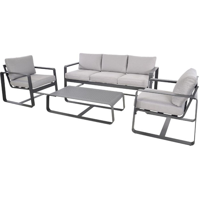 Loungeset Belezza: lichtgrijze fauteuils en tweezitsbank met bijzettafel