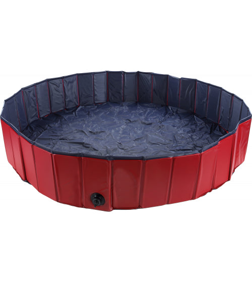 Hondenzwembadplonsbak, rond rood met blauw binnenbad en afvoerklep